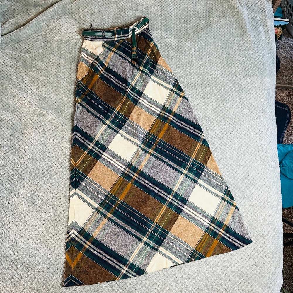 Vintage Retro Green/Brown Plaid Wool Maxi Skirt Modern Juniors Womens 24 Belted